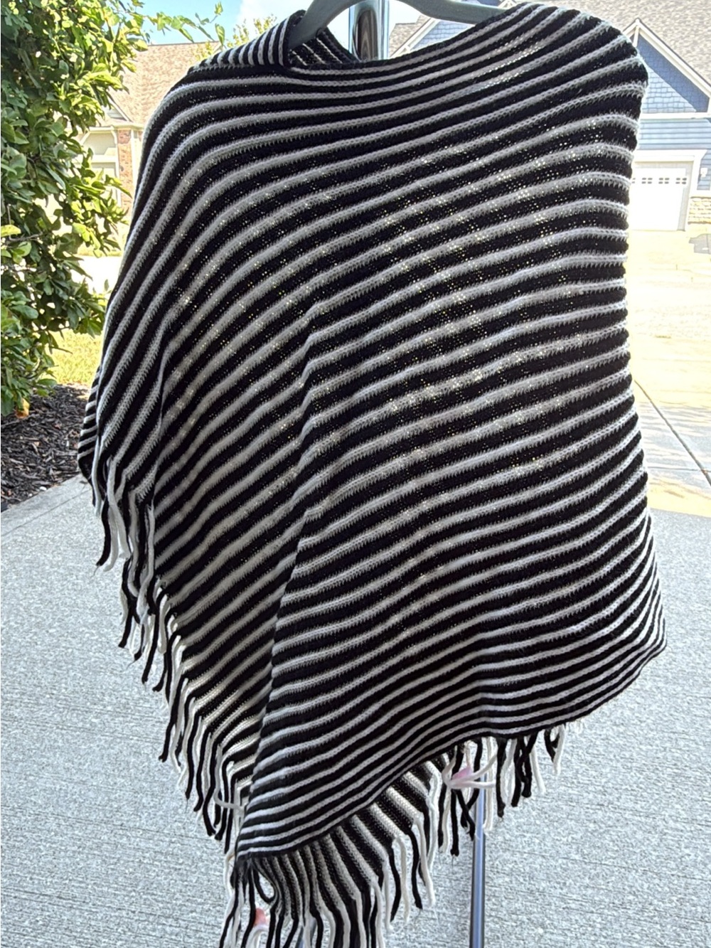 Black and White Striped Fringe Throw Poncho - Unbranded